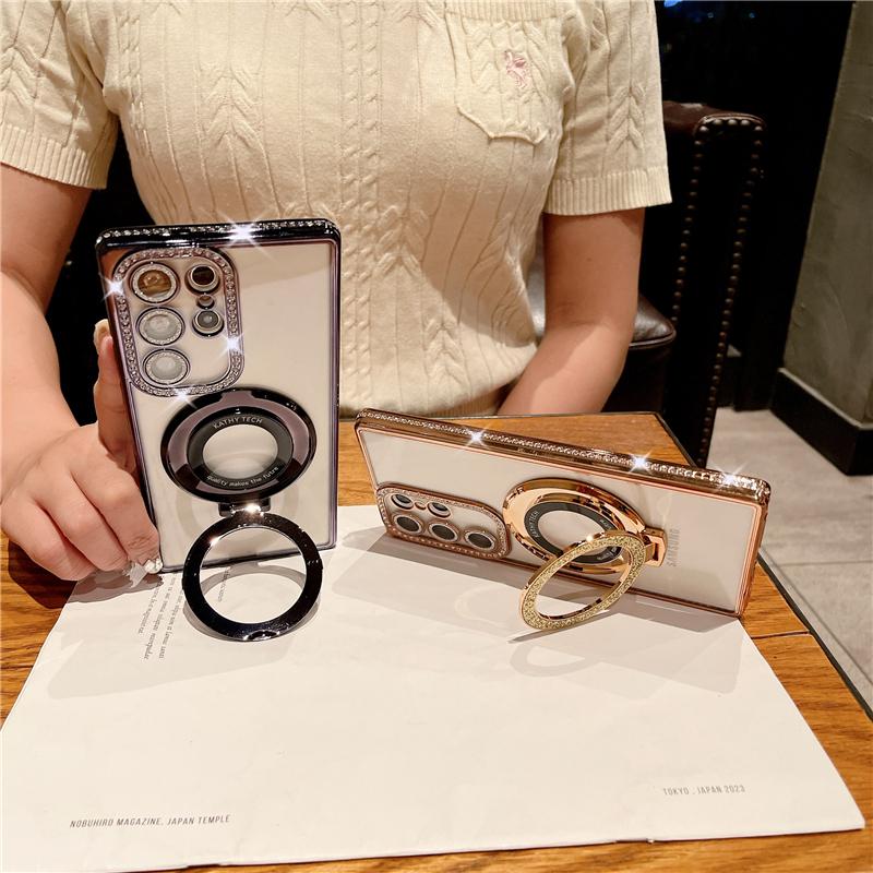 Для Samsung Galaxy S25Ultra Роскошный Чехол для Телефона с Гальваническим Покрытием Рамки Бриллиантами, Блестящая Подставка-Держатель, Чехол для Samsung S22 S23 S24Plus