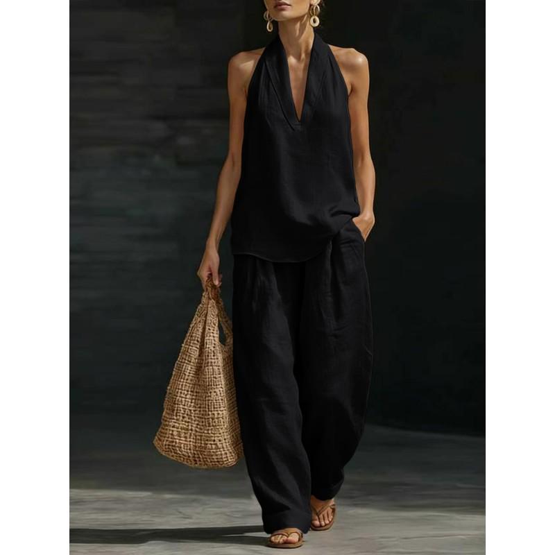 2026 Womens Loose Sleeveless Drop-Shoulder Two-Piece Set With Wide-Leg Pants Casual Outfit