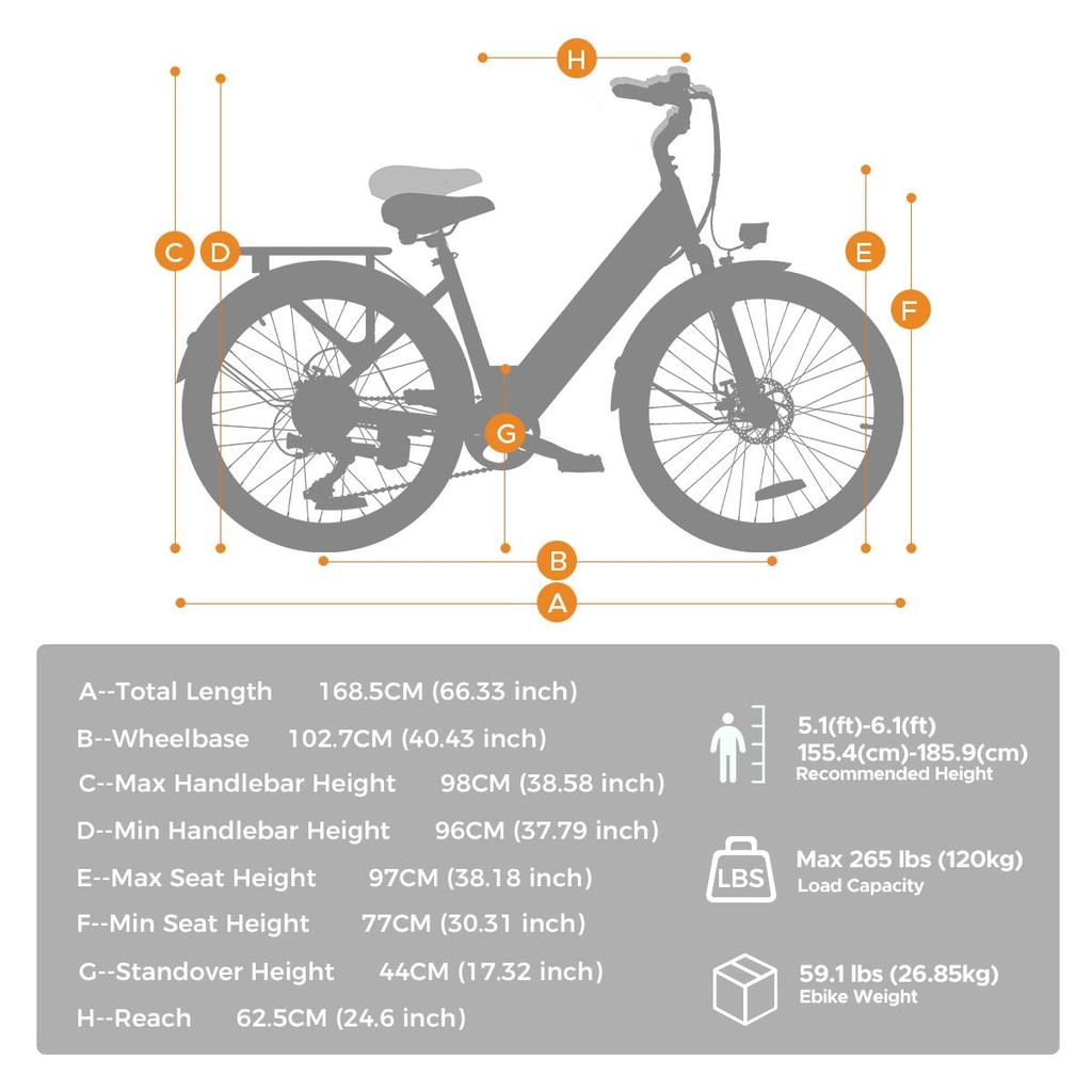 Hillmiles Milecity 1 26-дюймовый электрический городской велосипед, 250 Вт Городской электровелосипед с 7 скоростями, 36 В 13 Ач Съемная батарея, Макс. запас хода 80 км