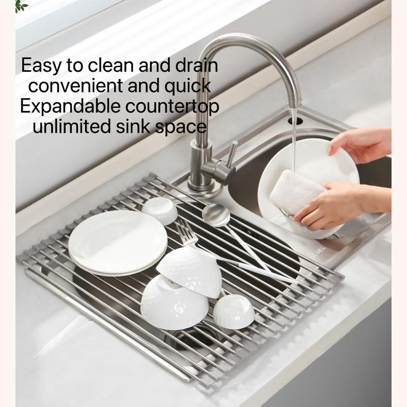 Multi-Size Foldable Kitchen Sink Dish Rack Roll Up Stainless Steel Dish Drying Organizer6