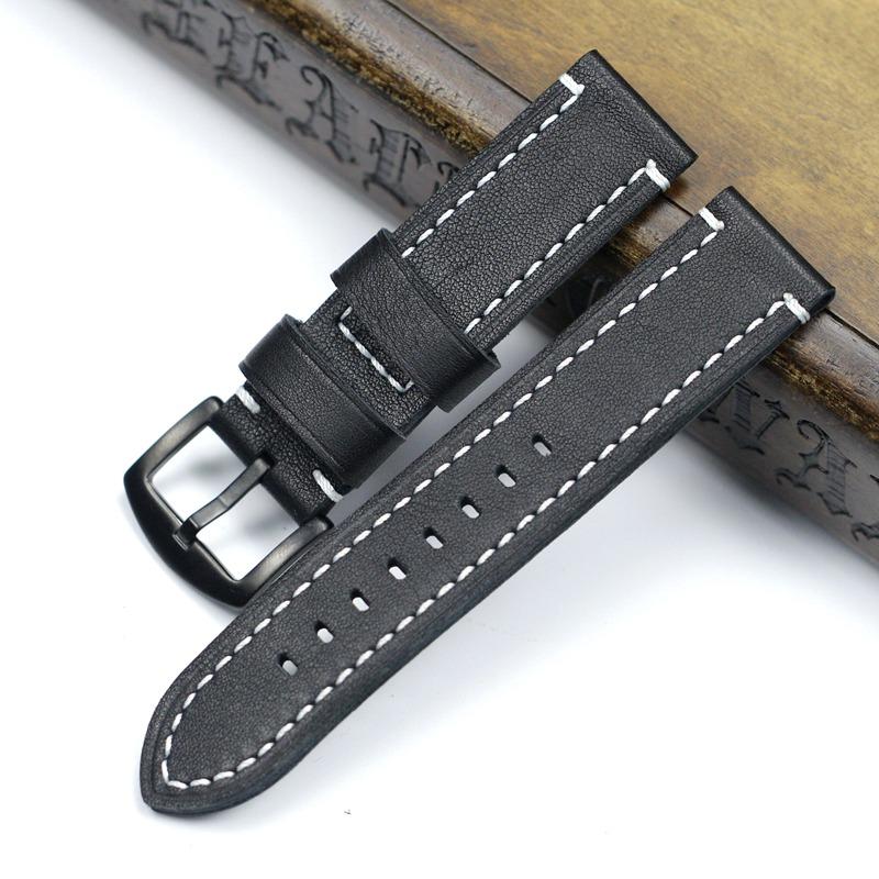 18, 19, 20, 21, 22 мм, мягкий черный с белыми, красными швами, ремешок из натуральной кожи для Samsung S2 S3, военный большой ремешок для часов Pilot