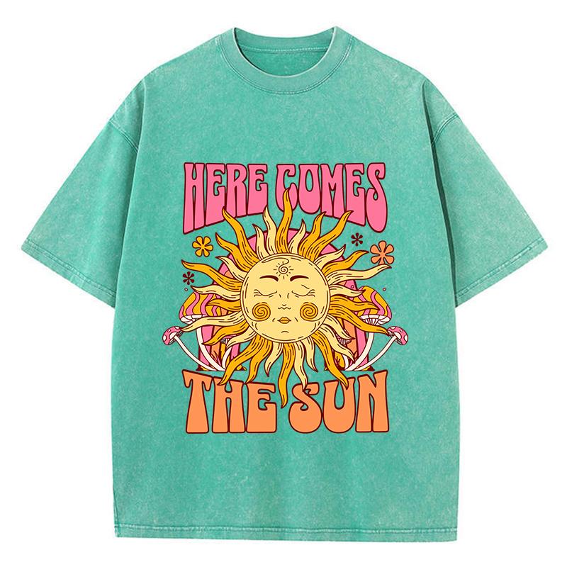 Женские футболки с кислотной стиркой Here Comes The Sun Printing Tees Distressed Oversize Cotton Short Sleeve Trend Female Clothing