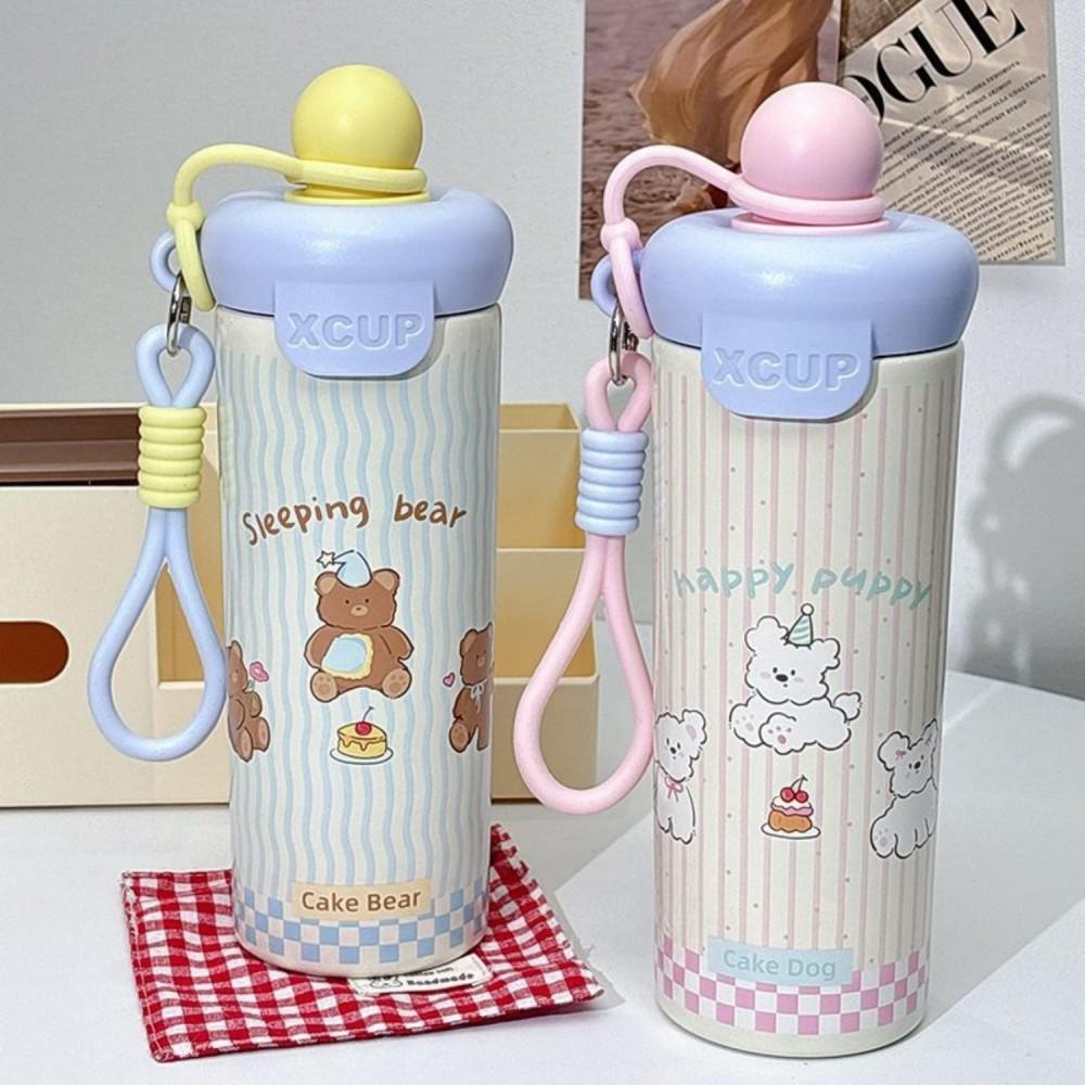 600ml Cute Cartoon Stainless Steel Floating Ball Straw Insulated Cup Large Capacity Portable Coffee Mug Plush Toys