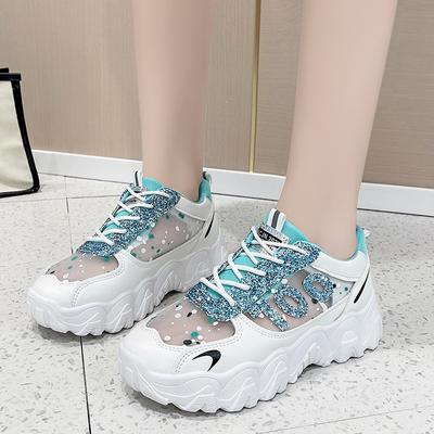 Спортивная обувь женская летняя дышащая 2024 новая сетчатая беговая обувь студенческая корейская версия тонкие толстые подошвы высокие кроссовки