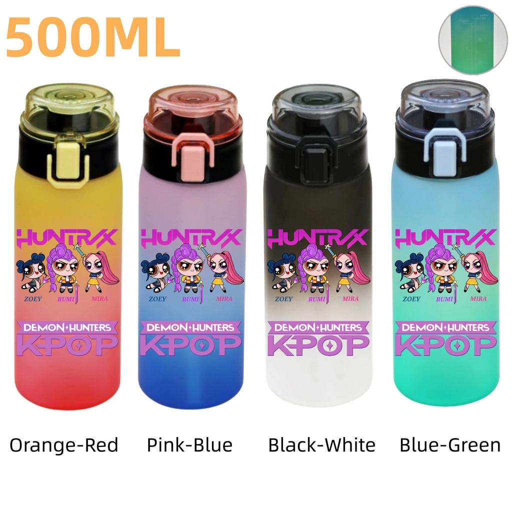 500ML KPop Demon Hunters Plastic Anime Water Cup Has Scale Travel Office Gym Hiking Portable Drink Bottles Outdoor Sport Gifts