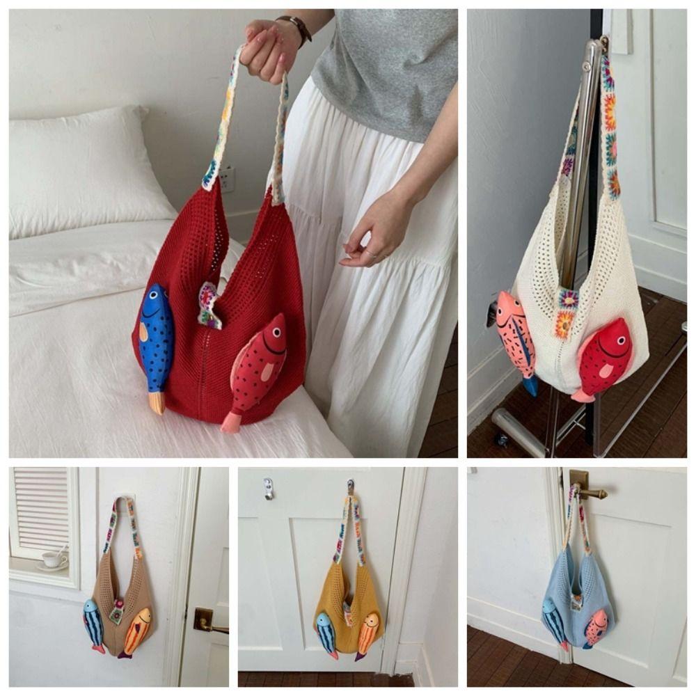 Fish Cotton Crochet Shoulder Bag Summer Tassels Beach Handbag Hollow Out Woven Bag Shopping Bag