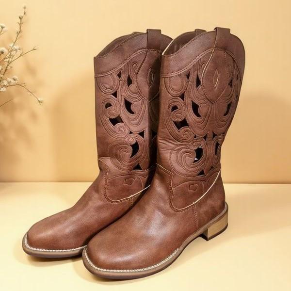Brown Vintage Western Cowgirl Cutout Mid-Calf Retro Embroidered Chunky Heel Boots for Women.