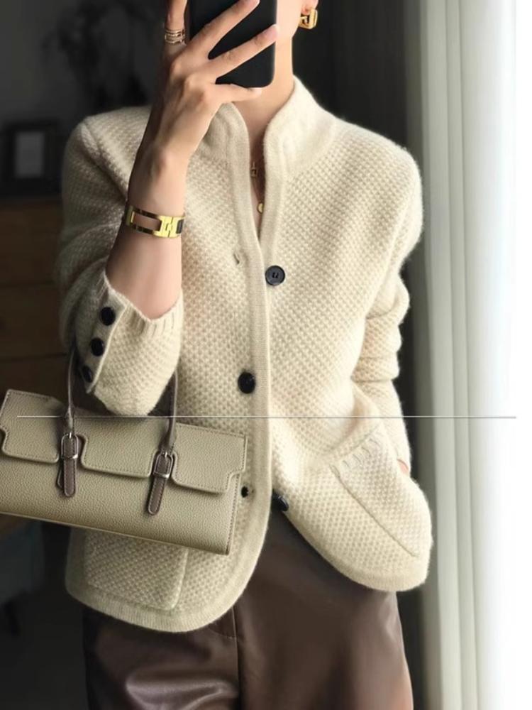 Autumn Winter New Thickened Wool Cardigan Women Vintage Stand Neck Sweater Loose Knit Base Fashion Design Sweater Jacket Streetwear