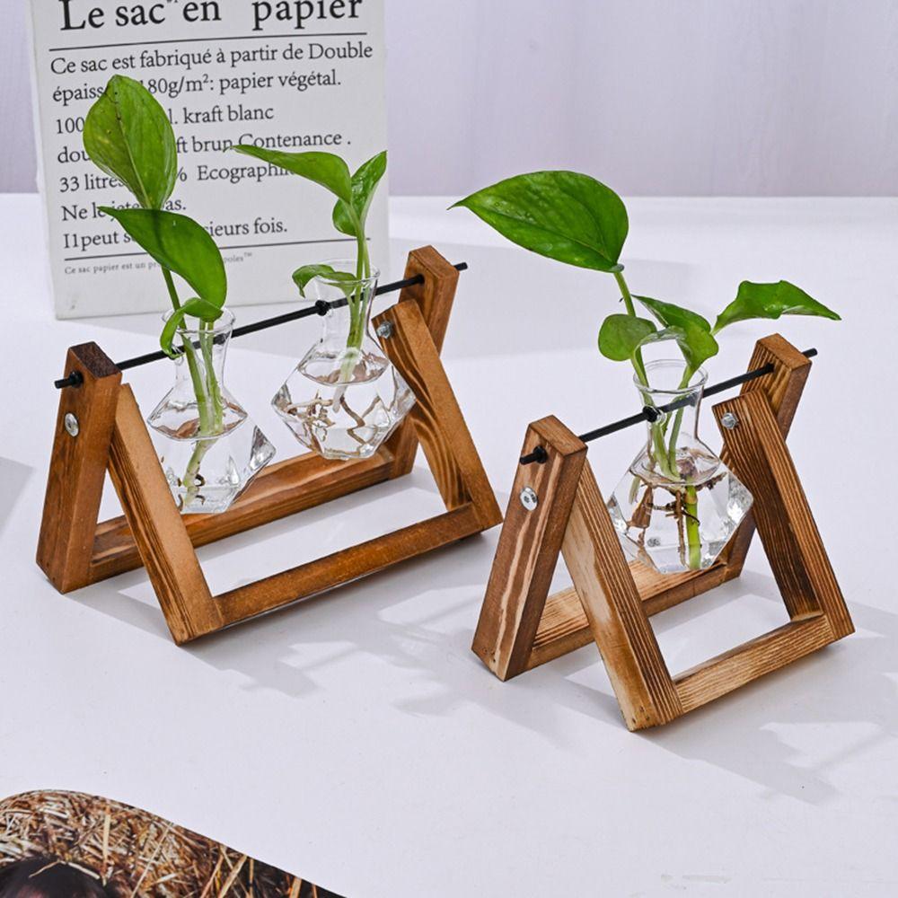 Planter Hydroponic Plant Vases Wooden Frame Bonsai Flower Pot Decoration Glass Vase