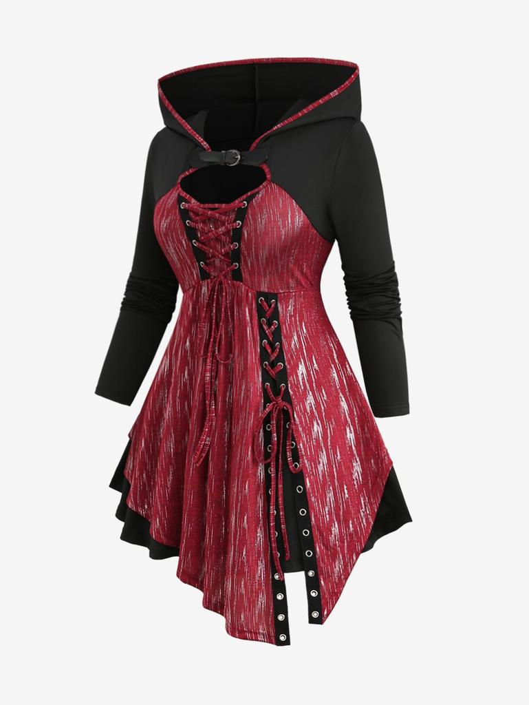 Rosegal Большие размеры Асимметричная футболка с капюшоном и блестящей пряжкой на шнуровке