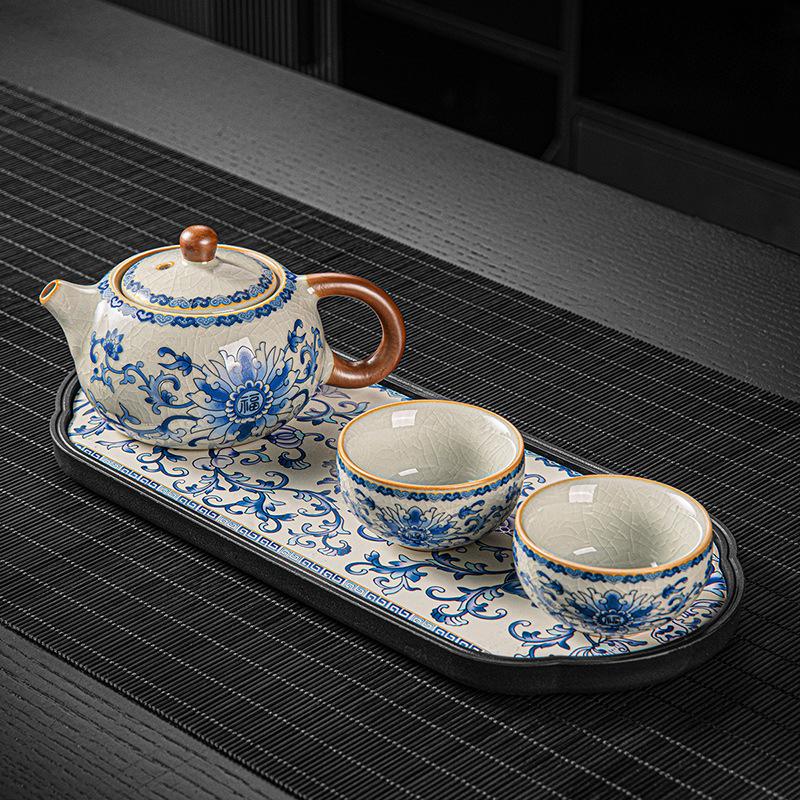 New Chinese Style Huangru Kiln Flower Teaware Sets with One Pot and Two Cups Tea Set and Dry Brewing Plate Tea Stand