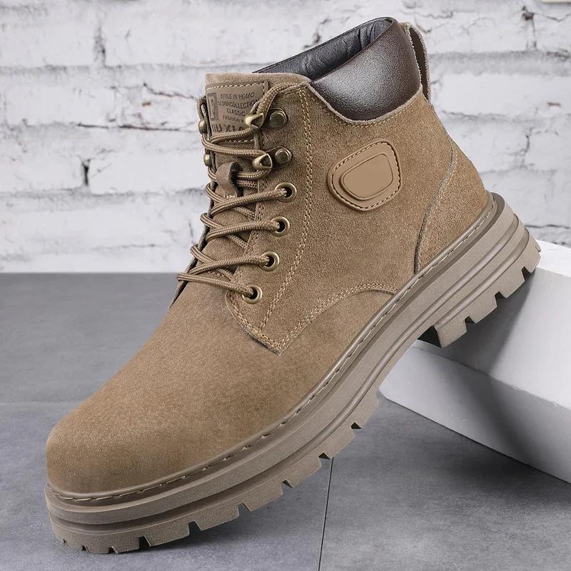High Top Mens Suede Leather Motorcycle Boots Non-Slip Lace-Up Walking Shoes Luxury Brand Basic Boots Warm Plush Fur Winter
