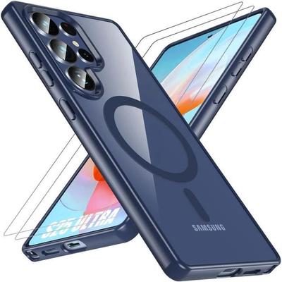 Чехол + 2 Закаленных Стекла для Samsung Galaxy S25 Ultra, Защита с Магнитным Кольцом, Ударопрочный Темно-синий
