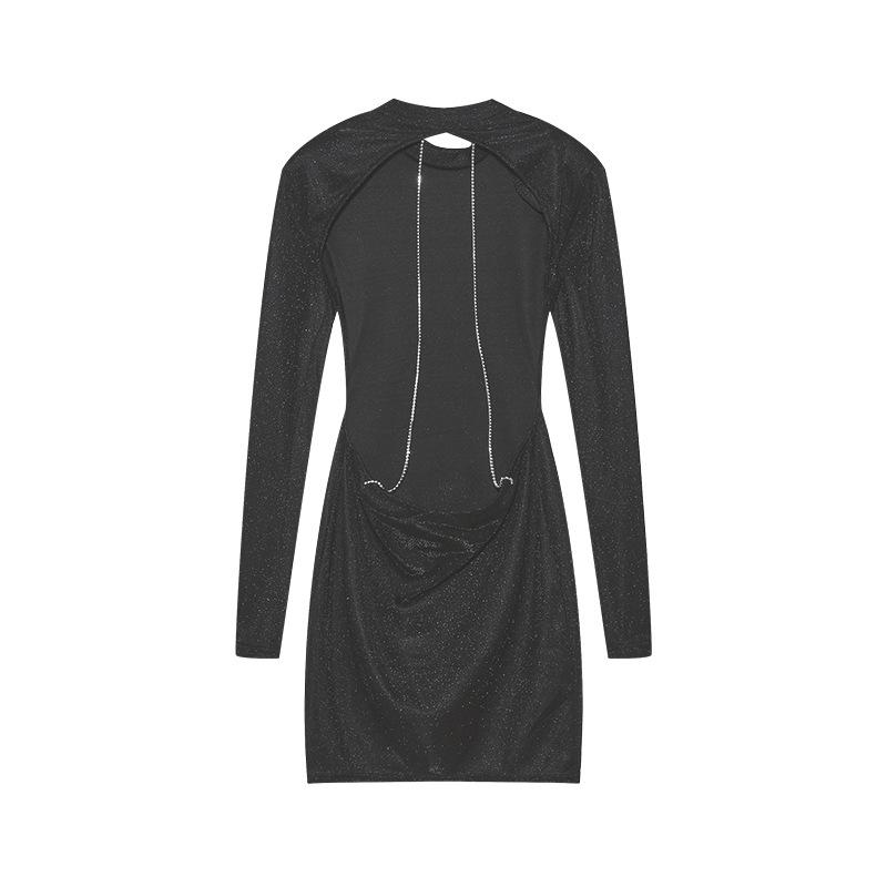 Криптографическое сексуальное блестящее вечернее платье с открытой спиной и цепочкой для женщин, одежда, элегантное платье, осенние мини-платья с длинными рукавами