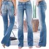 Women Mid Waisted Denim Jeans Pocket Stretch Button Bell-Bottom Pants Jeans
