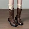 Модная дизайнерская женская обувь 2024 года, осень-зима, новые женские сапоги на платформе, классические коричневые сапоги с круглым носком, британские женские сапоги до середины голени