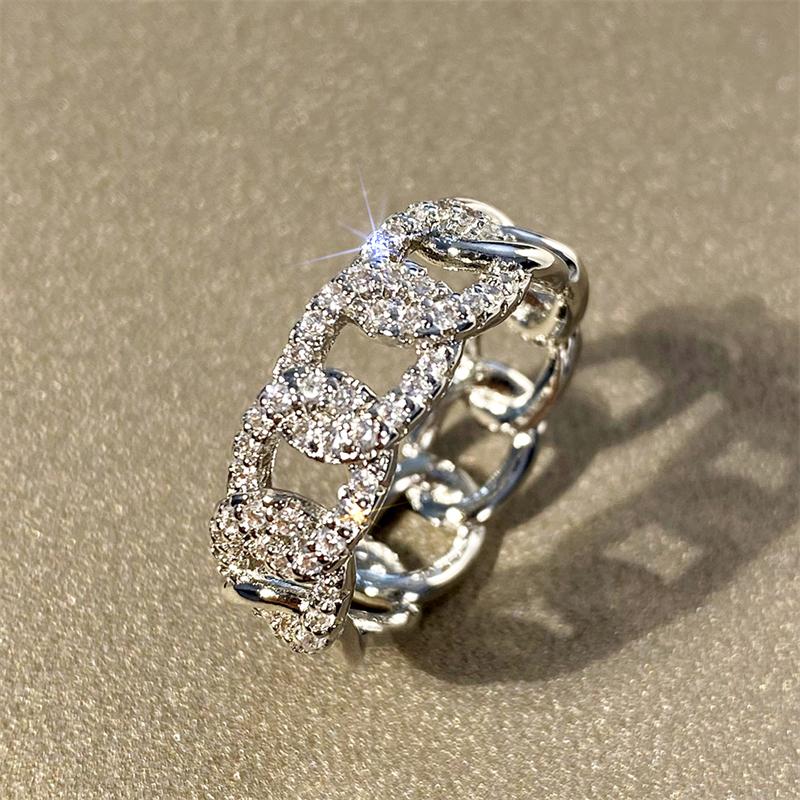 Huitan Chain Linked Design Finger Rings for Women Full with Dazzling Cubic Zirconia Statement Female Wedding Accessories Jewelry