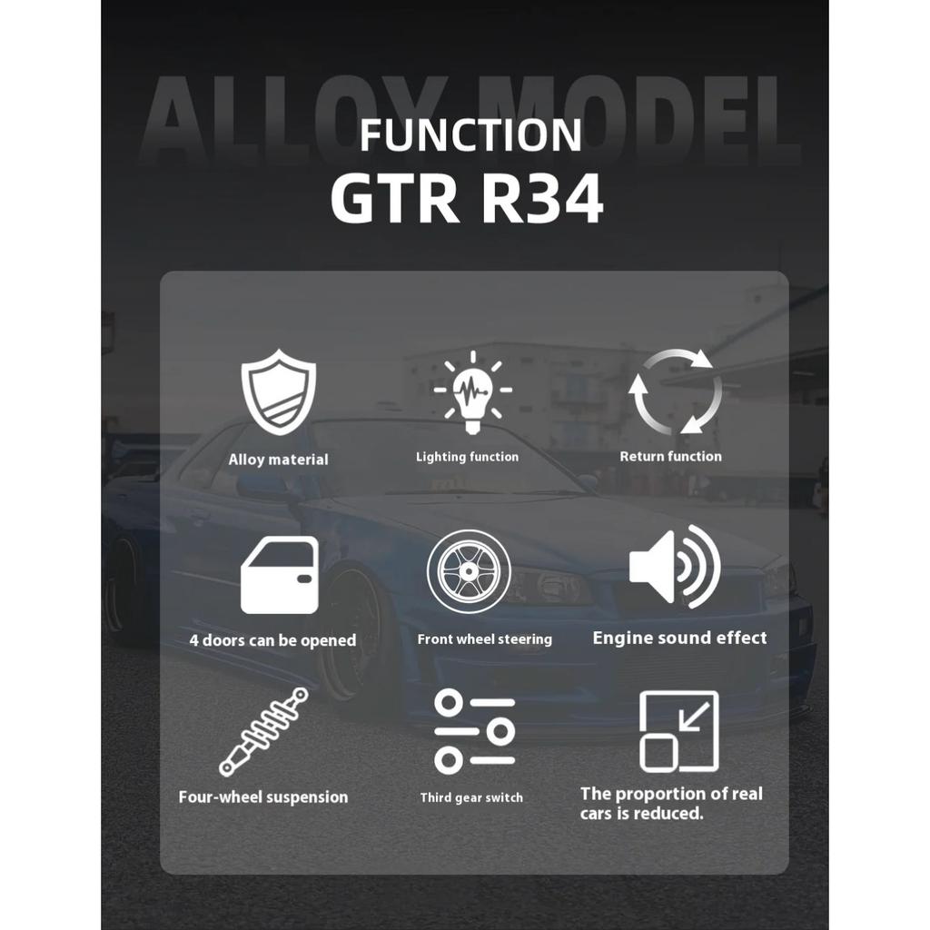 1/24 Scale Nissan GTR-R34 Alloy Car Model with Authentic Sound Effects, Premium Collectible Toy for Kids & Adults