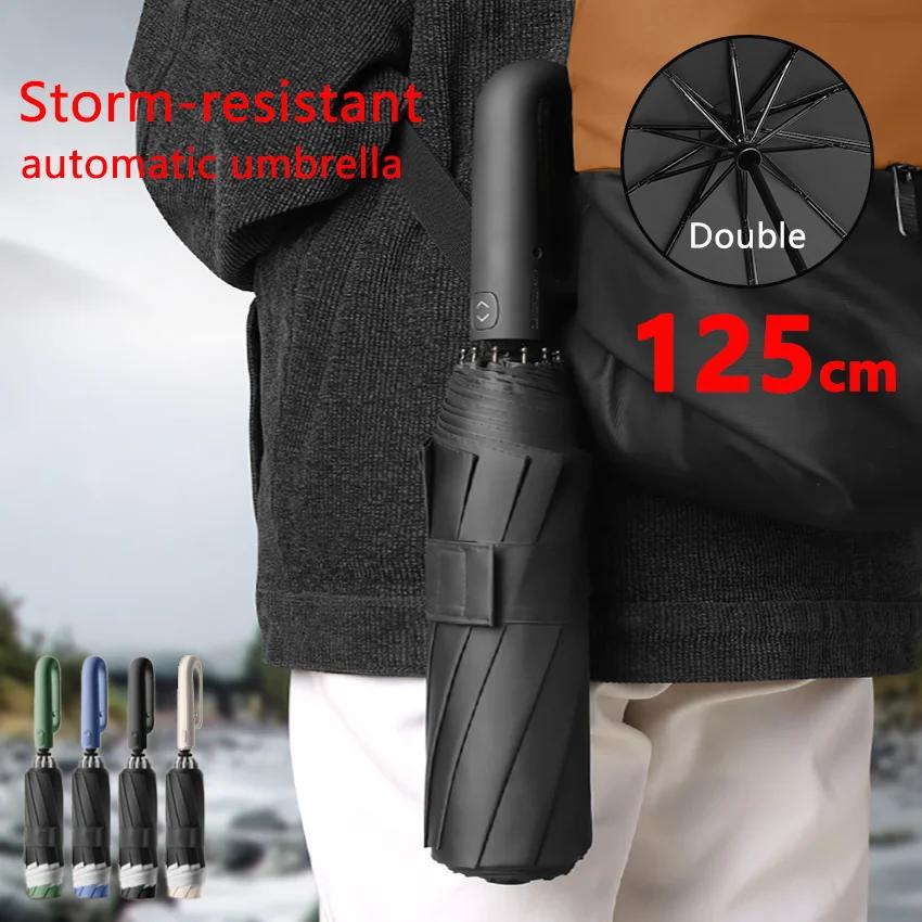 Guarda-chuva UV Totalmente Automático, Windproof, Reflective Stripe, Reverse Fold, Carabiner Handle, Viagem, Homens E Mulheres