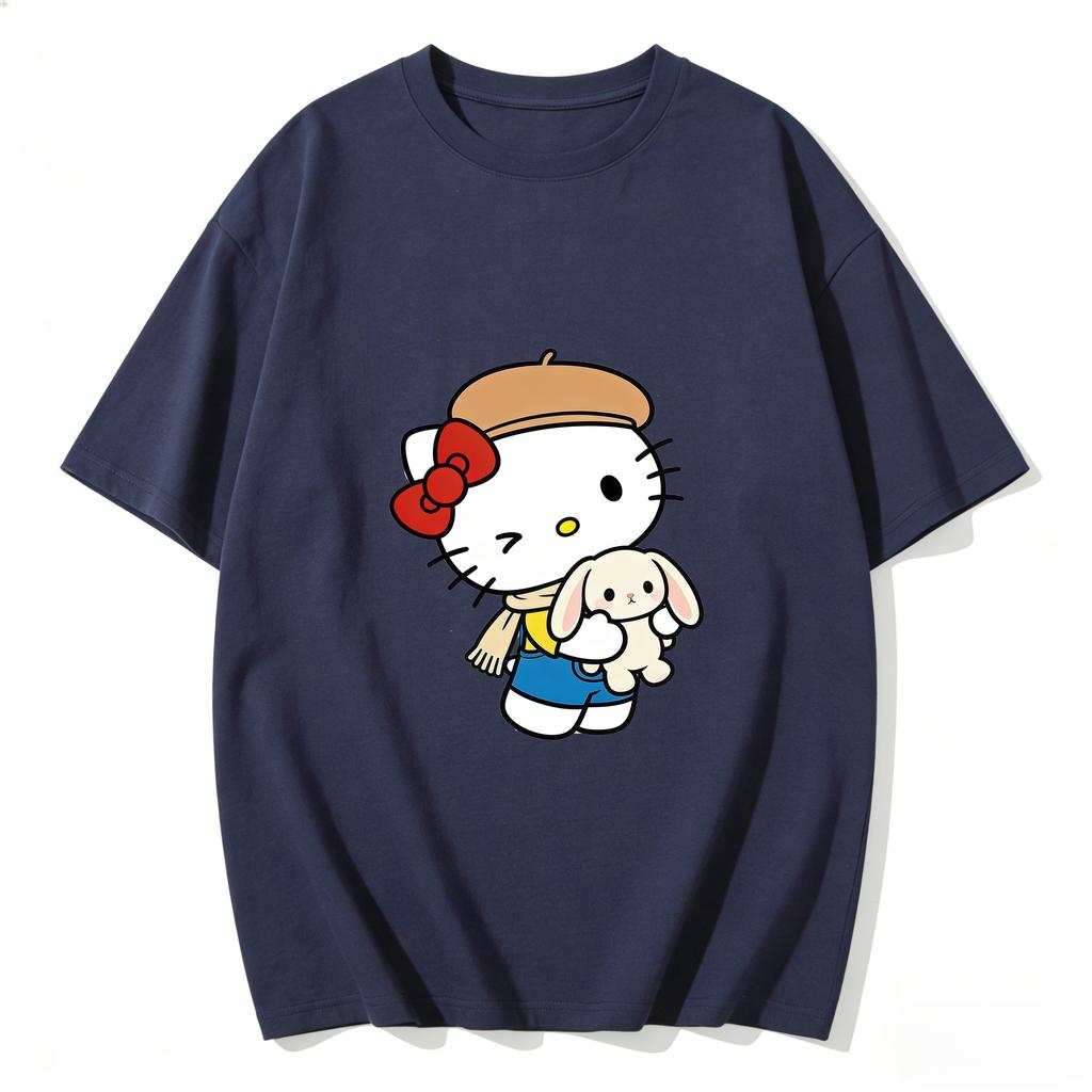 2026 Summer Hello Kitty Cartoon Printed Short Sleeve Pure Cotton Tshirts Womens Family Matching Outfits Harajuku Y2k Tops Tee