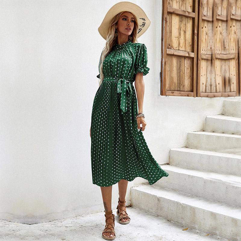 Весна-лето женское повседневное среднее плиссированное платье с короткими рукавами и круглым вырезом в горошек с завязками и принтом