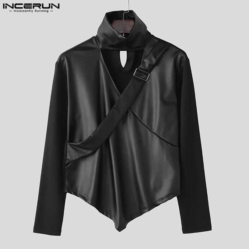 INCERUN Мужские топы из искусственной кожи с высоким вырезом и длинными рукавами спереди и сзади в стиле пэчворк
