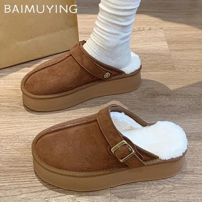 Замшевые женские хлопковые тапочки на платформе, дизайнерские короткие плюшевые повседневные туфли на плоской подошве, модные теплые зимние туфли-мюли 2025 года для снега