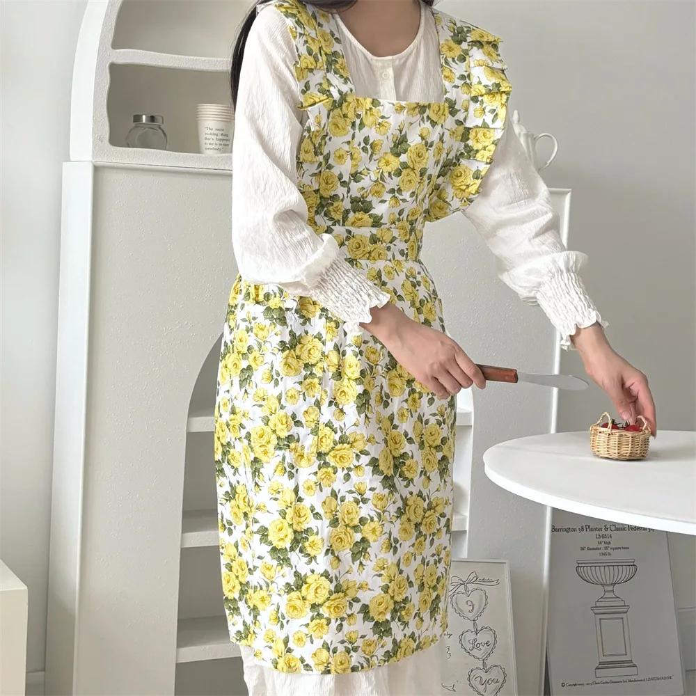 Романтичный фартук с принтом роз, оборкой по краю и завязками, ручной работы, цветочная рабочая одежда, женский фартук для уборки дома