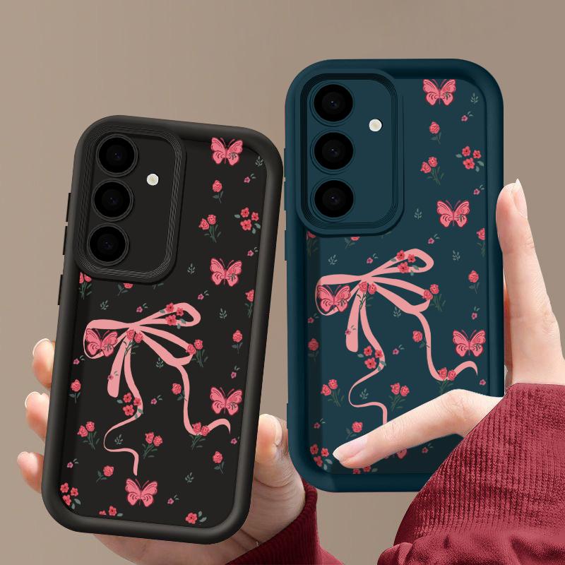 Для Samsung S25 Ultra S24 FE S23 S22 A56 A36 A55 A16 A15 A35 чехол для телефона с бантом и цветочным принтом TPU матовый противоударный мягкий силиконовый защитный чехол для объектива