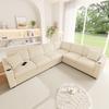 L-Shaped Corner Sofa, 6-Seater Modular Sofa with USB/Type-C Fast Charging Port, 2 Cup Holders and 2 Cushions, Corduroy with Stripe Texture, Beige