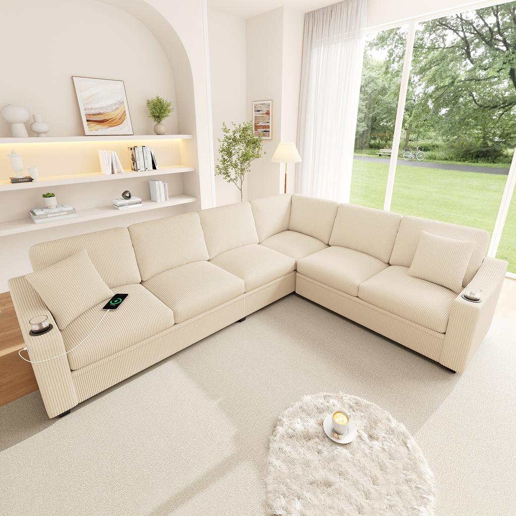L-Shaped Corner Sofa, 6-Seater Modular Sofa with USB/Type-C Fast Charging Port, 2 Cup Holders and 2 Cushions, Corduroy with Stripe Texture, Beige