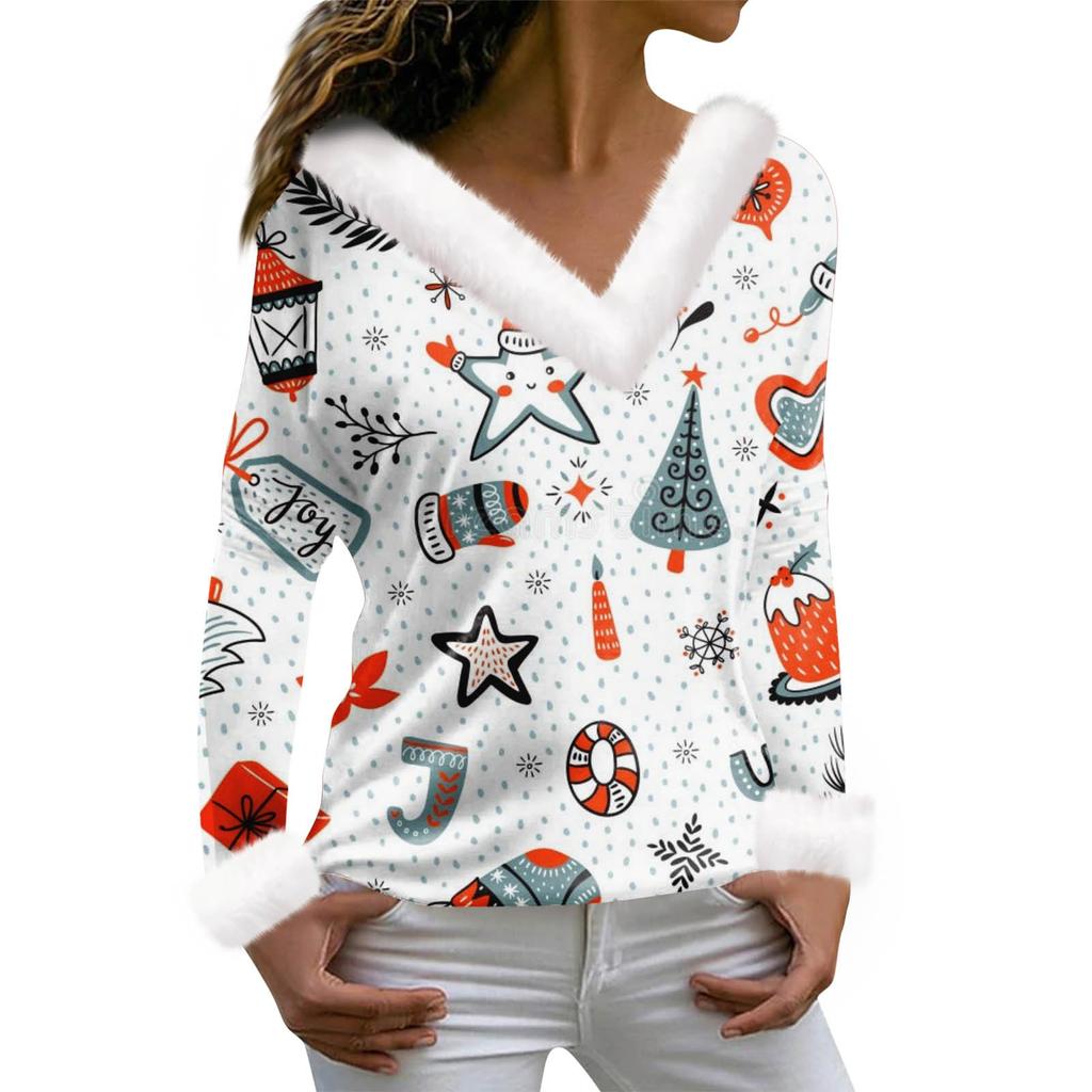 Женская футболка с рождественским принтом, футболка с длинным рукавом, флисовый воротник, топ с V-образным вырезом