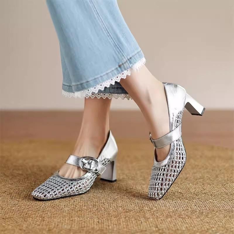 Белые туфли на высоком каблуке женские летние на толстом каблуке туфли-лодочки женские новые дышащие женские туфли французские плетеные ажурные сандалии с закрытым носком