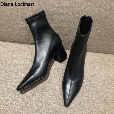 Осенне-зимняя мода Женские ботильоны до щиколотки из эластичной пряжи с острым носком из детской замши на толстом каблуке Женская обувь Носки-ботинки Bota Femini