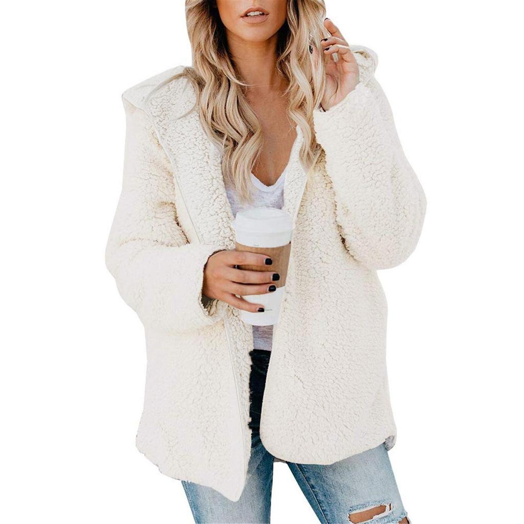 Женская плюшевая куртка, флисовая куртка большого размера, пальто с карманами, открытыми спереди, с капюшоном, пушистый кардиган