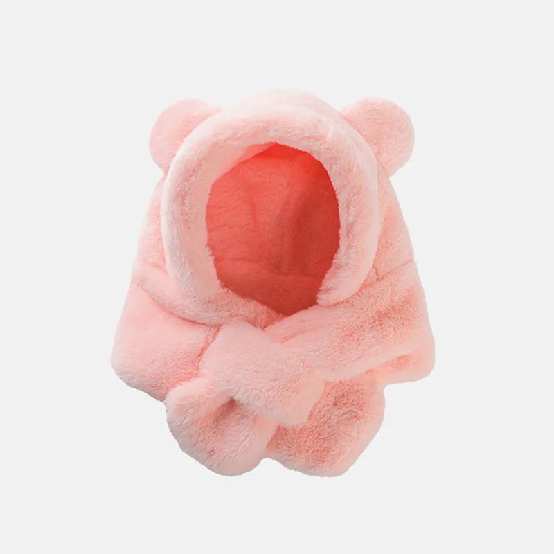 Faux Fur Winter Baby Hat Scarf One-Piece Soft Kids Cap for Girls Boys Cartoon Warmer Neck Ears Baby Bonnet Infant Accessories