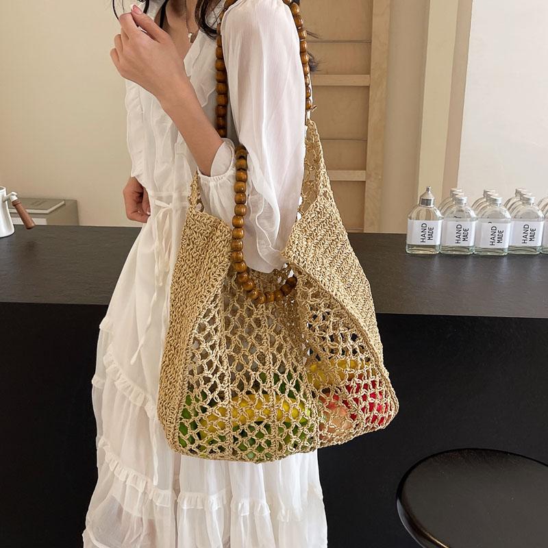 Модная соломенная сумка с бисером и плечевыми ремнями, женская полая сумка ручной работы, женская большая вместимость, летняя повседневная дорожная пляжная сумка-тоут