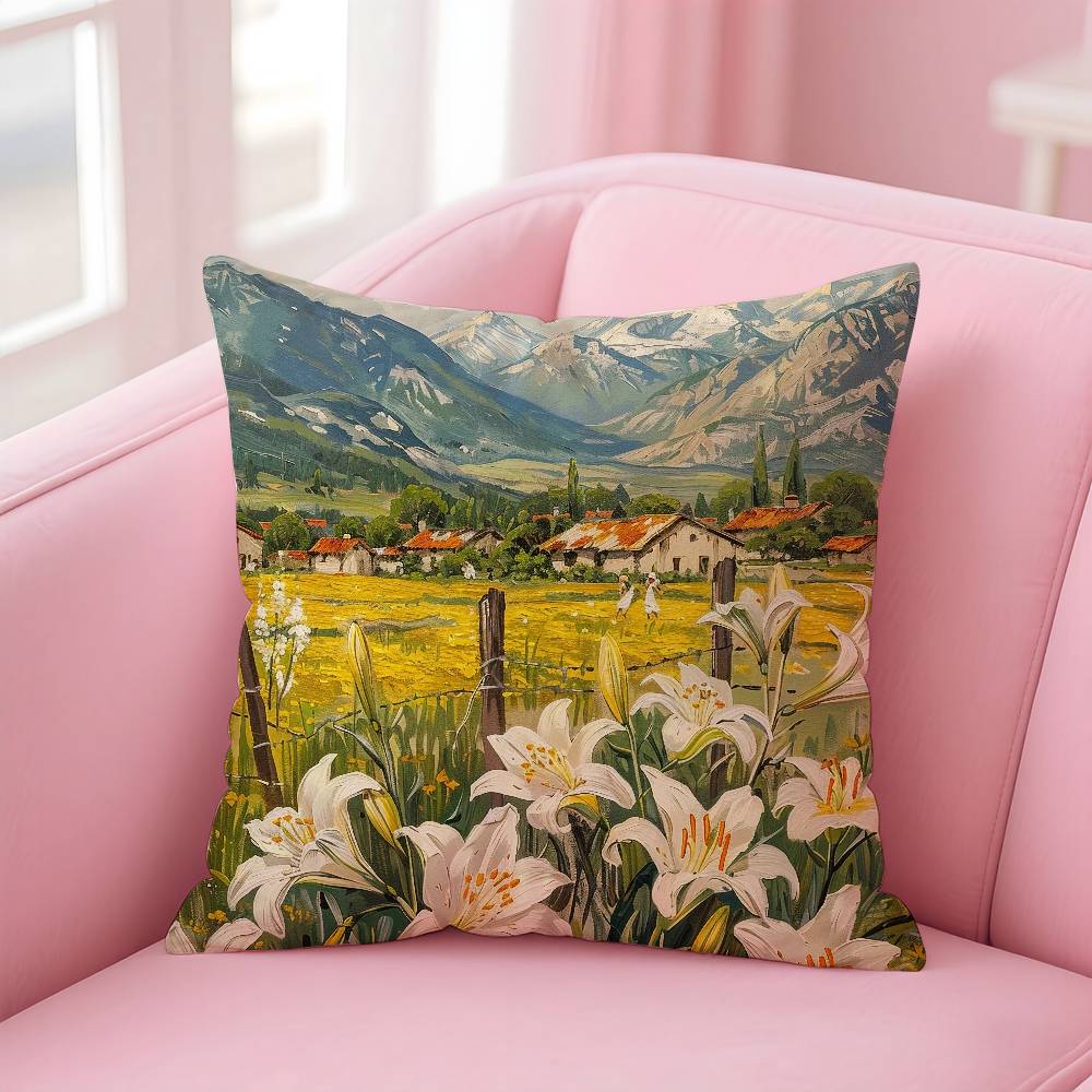 Landscape Painting Style Pillow Case Pattern Printing Pillowcase Living Room Sofa Cushion Cover Bedroom Room Decor