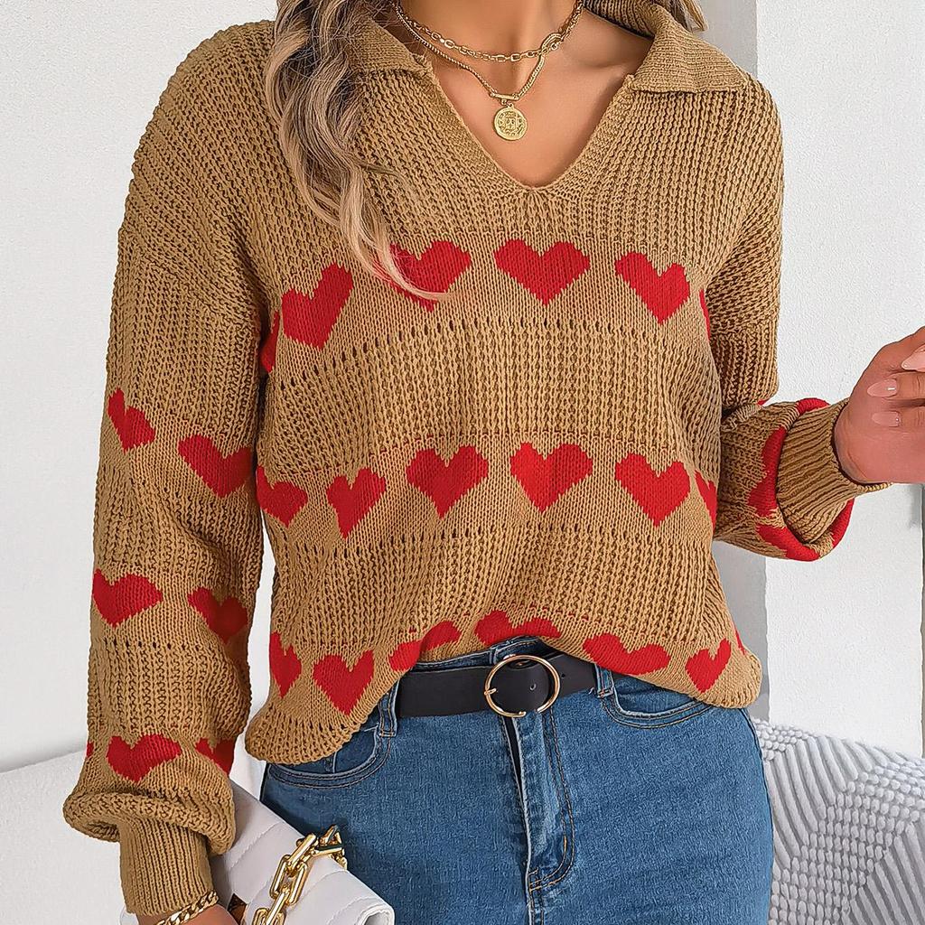 Autumn Winter Vintage Loose Long Sleeve Top Heart Print Cardigan Knitwear V-Neck Sweater