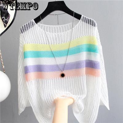 Летняя тонкая свободная футболка со средним рукавом в полоску, вязаный свитер с цветными блоками, женский свитер в стиле ретро