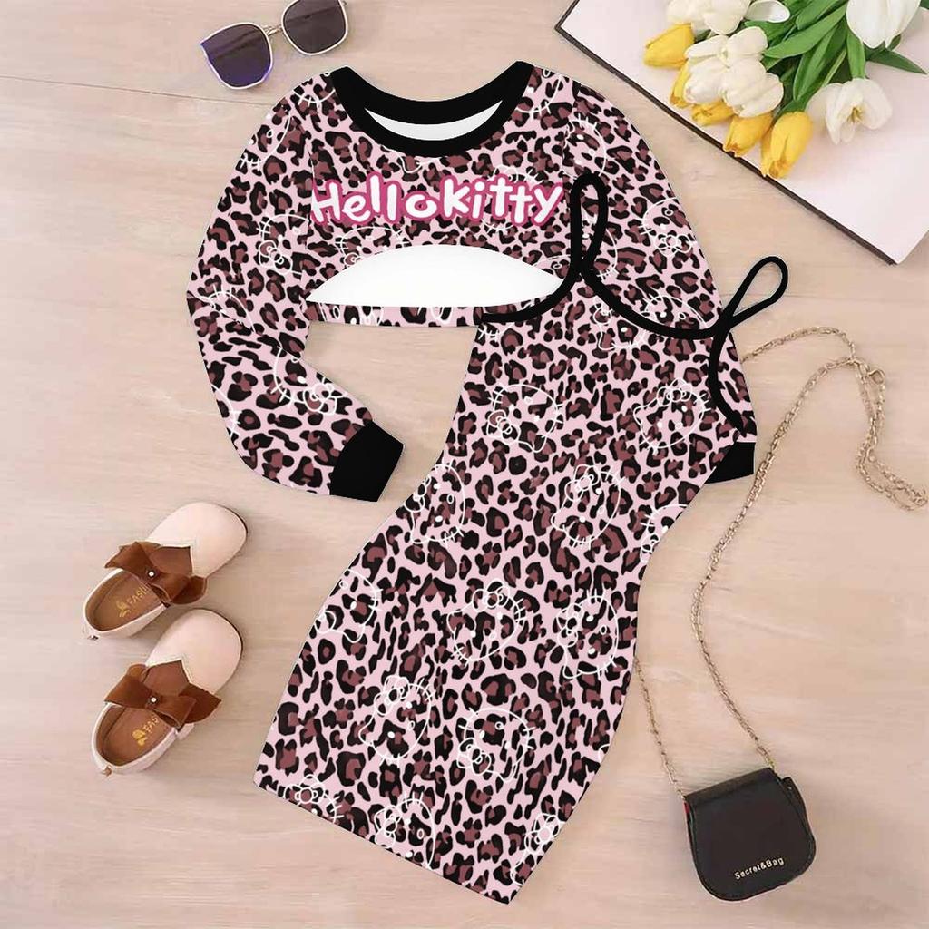 Girls Cartoon 2 Piece Outfits, Long Sleeve Crop Top + Spaghetti Strap Bodycon Dress, Dreamy Sweet Cartoon Print Party Dress Set