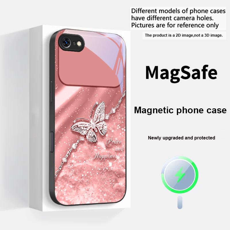 Элегантная синяя бабочка Для iPhone 17 Pro Max 16 E 15 14 13 Plus 12 mini 11 17 Air XR Xs Max 7 Plus Magsafe Стеклянный Чехол для Телефона