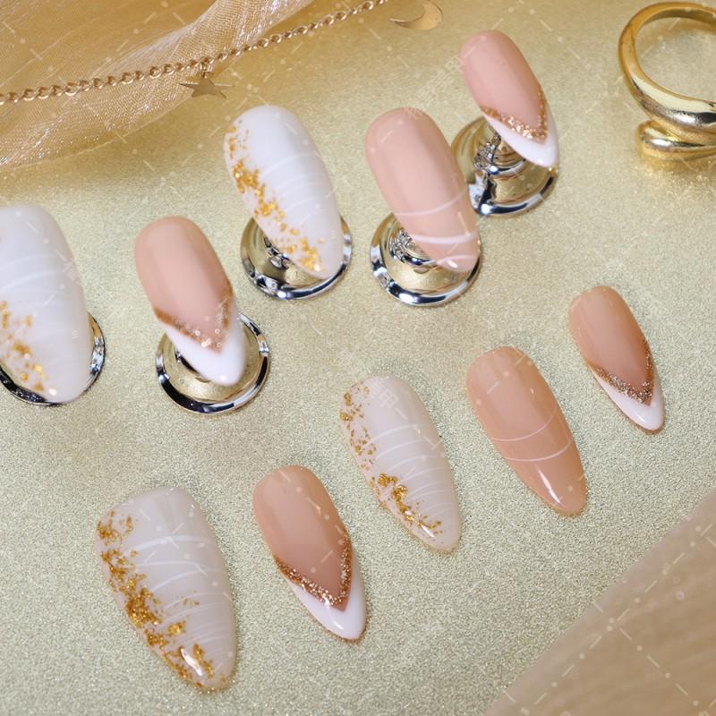 Handmade Press-On Nails French Almond Shape With Gold Line Detailing Nude A1093 Thin Invisible Edge