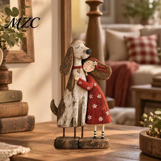 Decorative Statue for Cat And Dog Owners Girl Pet Figurine, Cat/Dog Statue, Distressed Resin Friendship Heartwarming Sculpture Home Office Decor,