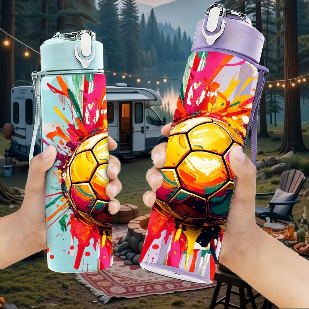 1PC Soccer Ball Color Splash Sports Print 750ml Color Plastic Sports Water Bottle Leakproof Flip Straw Lid Suitable for Sports Office Home Use