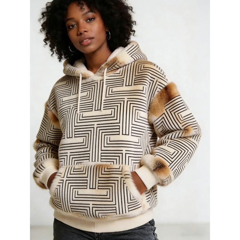 Short Sleeve Independent Winter Leopard Smiley Flower Plush Hooded Sweatshirt Mink Fur Thick