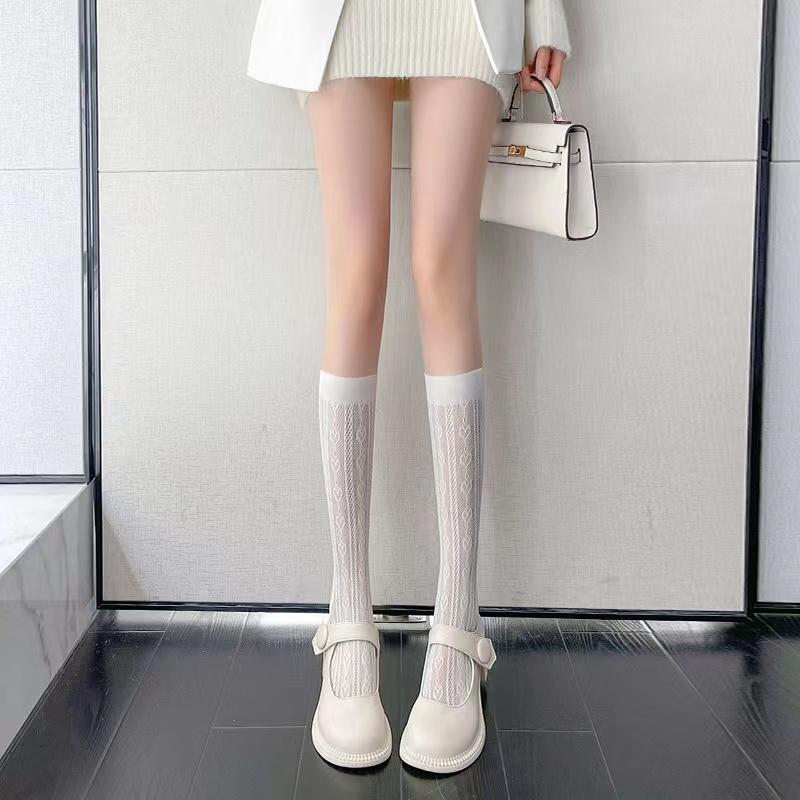 Women Sexy Floral Print Mesh Stockings Knee High Socks Soft Nylon Elastic Fishnet Fashion Long Leg Socks Designer Sheer Socks