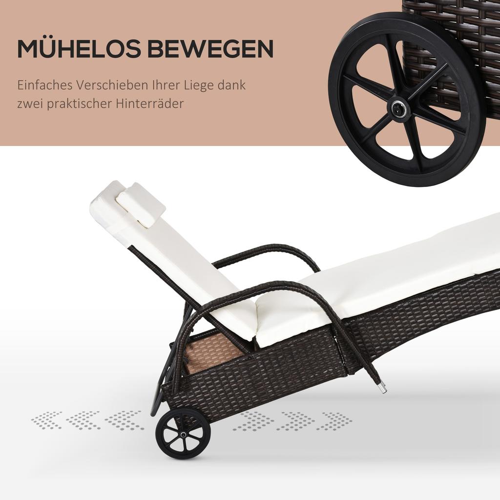 Garden Lounger with Cushion, Adjustable Backrest, Metal Frame, Poly Rattan, Brown+Cream, 200 x 73 x 103 cm
