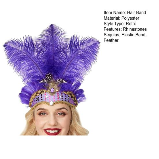 Feather Headpiece Hair Band with Rhinestones Sequins Elastic Carnival Headdress Women Lightweight Festival Headdress
