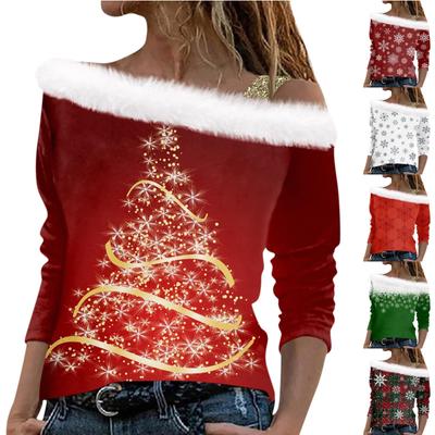 Женский рождественский принт с длинными рукавами из твила и воротником-пуловером